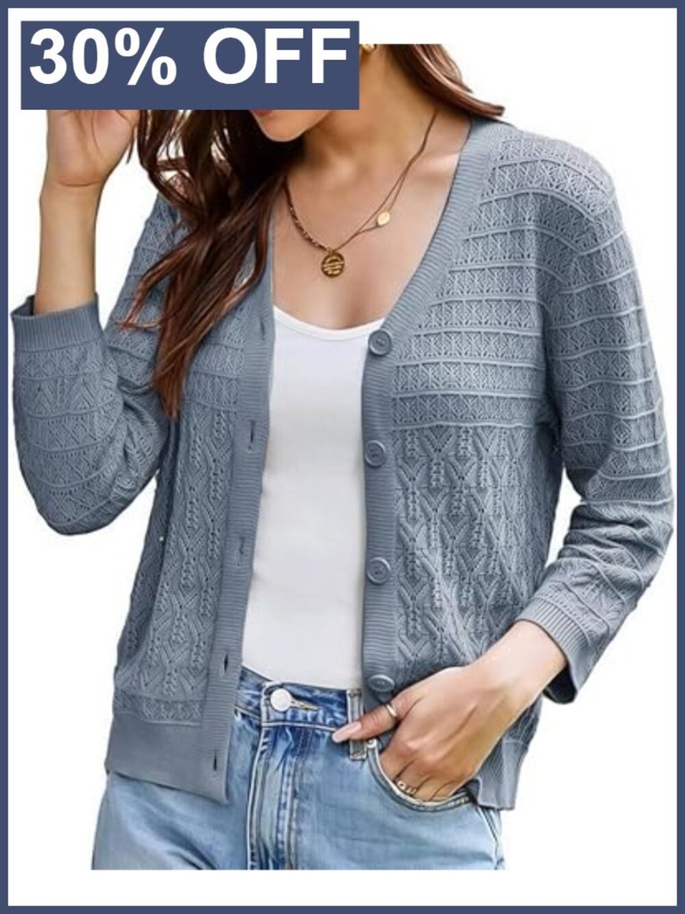 Women's Lightweight 3/4 Sleeve Crochet Cardigan Sweater Button V-Neck